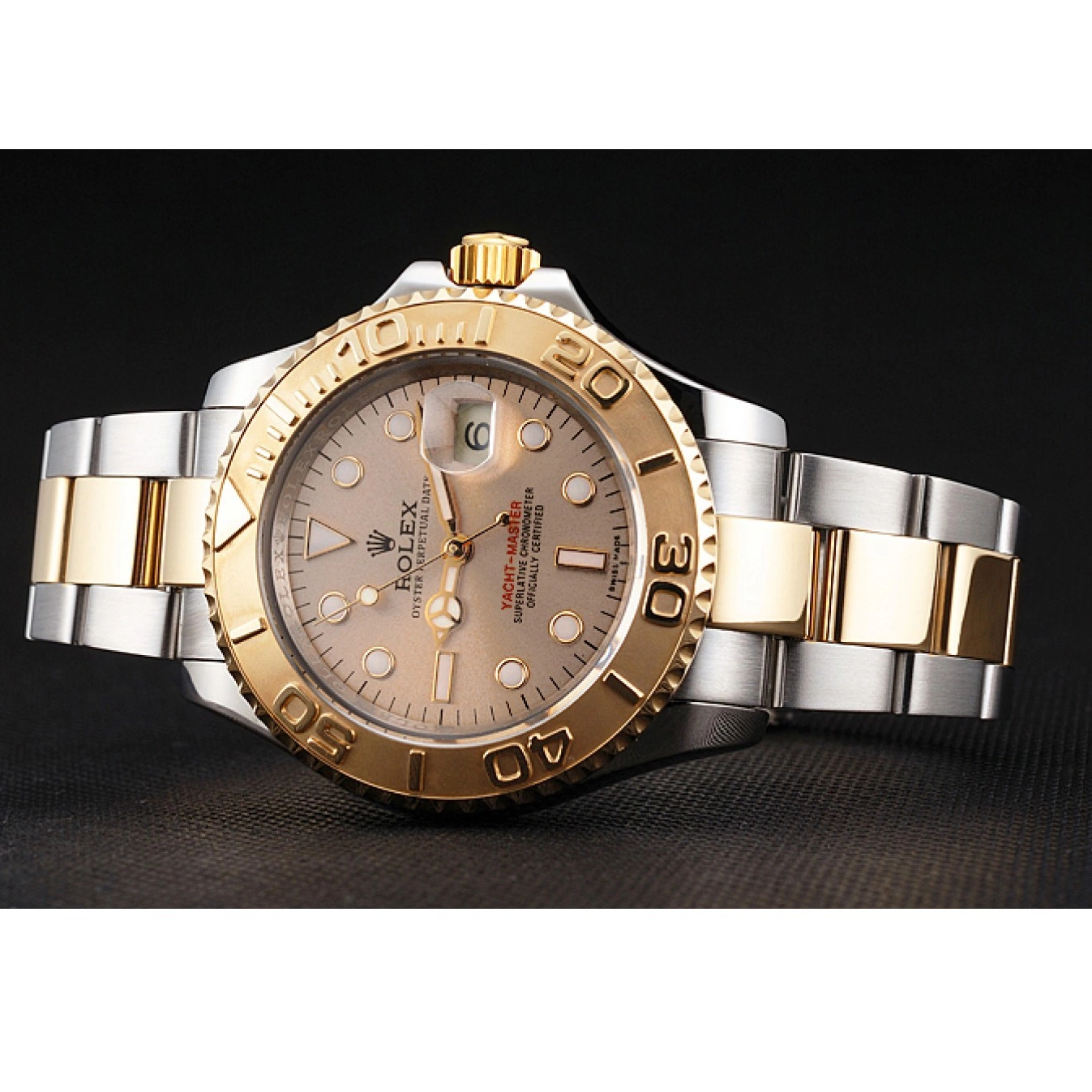 Aaa replica watch Bezel Champagne Case Bracelet Swiss Tone Stainless Rolex Yacht-Master Gold Steel Two Dial 0722